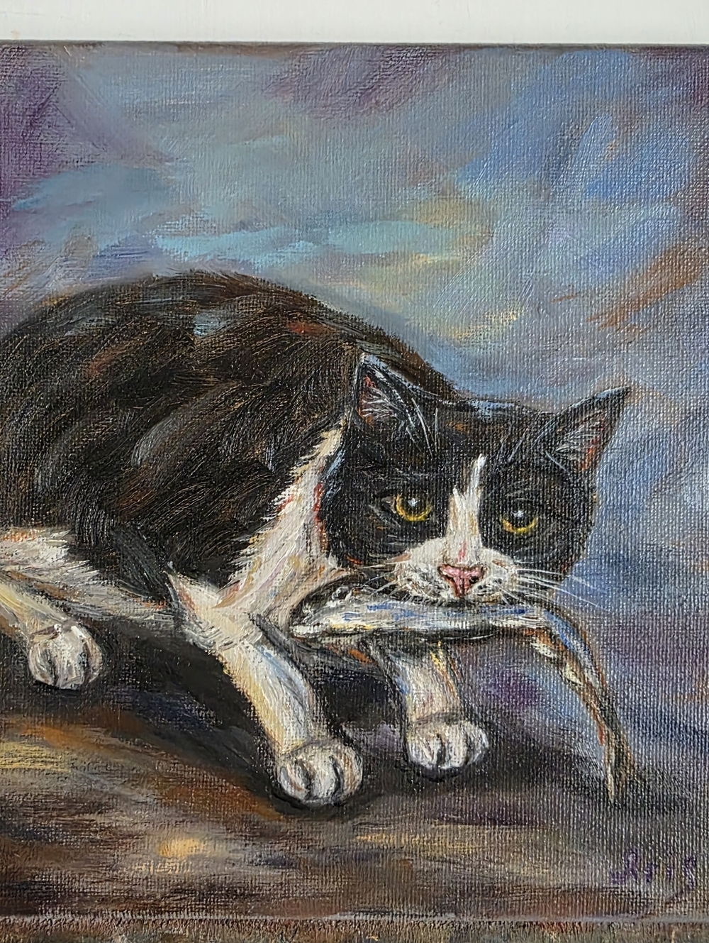 Abstract oil Painting cute Tuxedo Cat Eith Fish